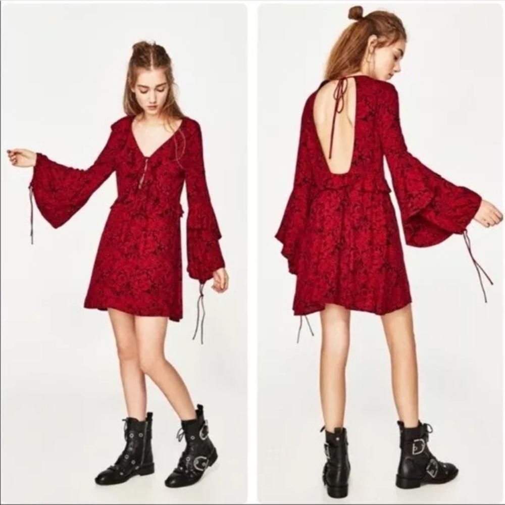 ZARA TRAFALUC Red long sleeve mini boho dress